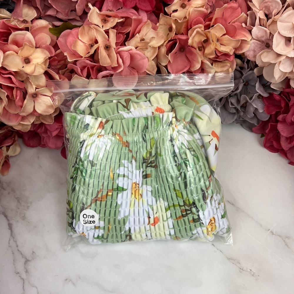 Retro Pale Green Floral Shirred High Waist Drawstring Beach Skirt - Picture 15 of 16